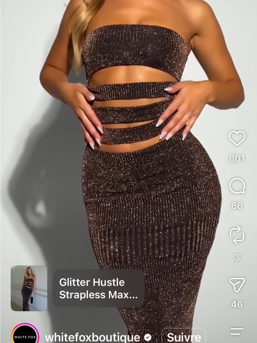 White Fox Boutique Bronze Glitter Strapless Cutout Maxi Skirt